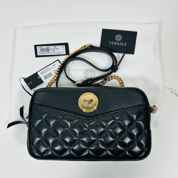 Versace La Medusa Quilted Lambskin Leather Medium Crossbody Camera Bag Black NWT - Picture 1 of 15